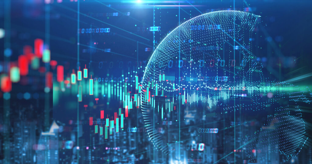 Illustration of a futuristic screen with a blue and green tint and bar charts representing markets
