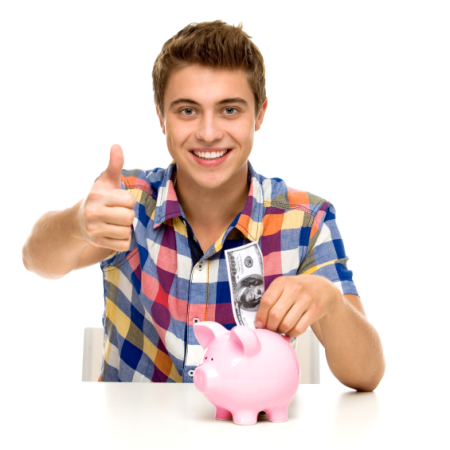 Teen giving thumbs up while putting money in piggy bank